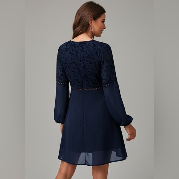 Guipure Lace Insert Lantern Sleeve Chiffon Dress Blue - Picture 8 of 12